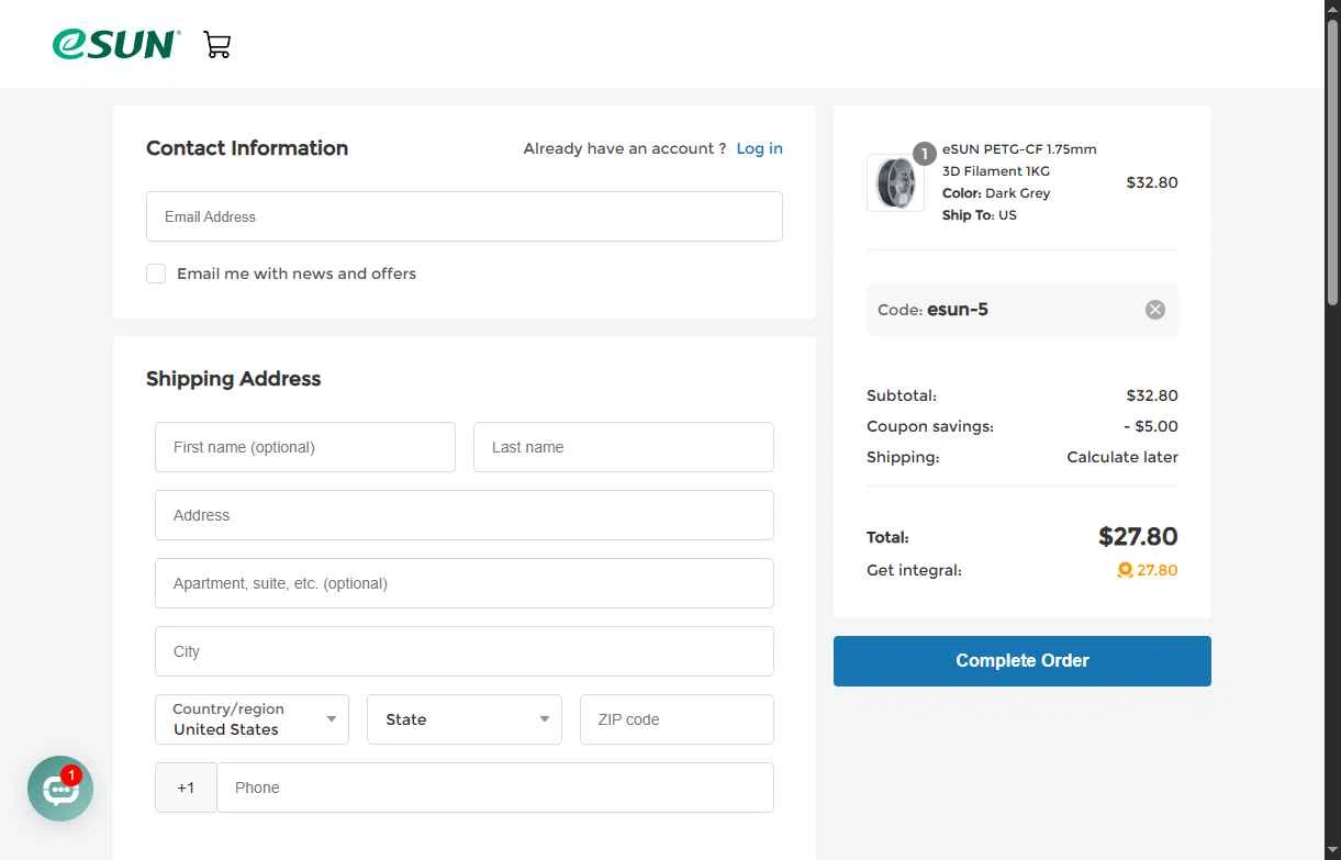 eSUN checkout page showing eSUN discount code box | Screenshot taken by SimplyCodes community member on Nov 17, 2025