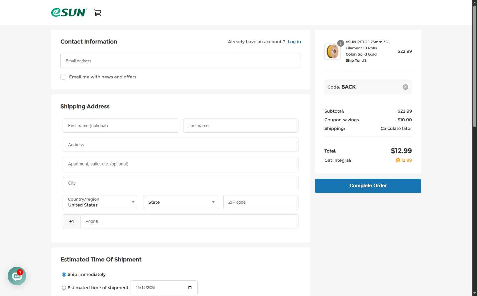eSUN checkout page showing eSUN discount code box | Screenshot taken by SimplyCodes community member on Oct 13, 2025