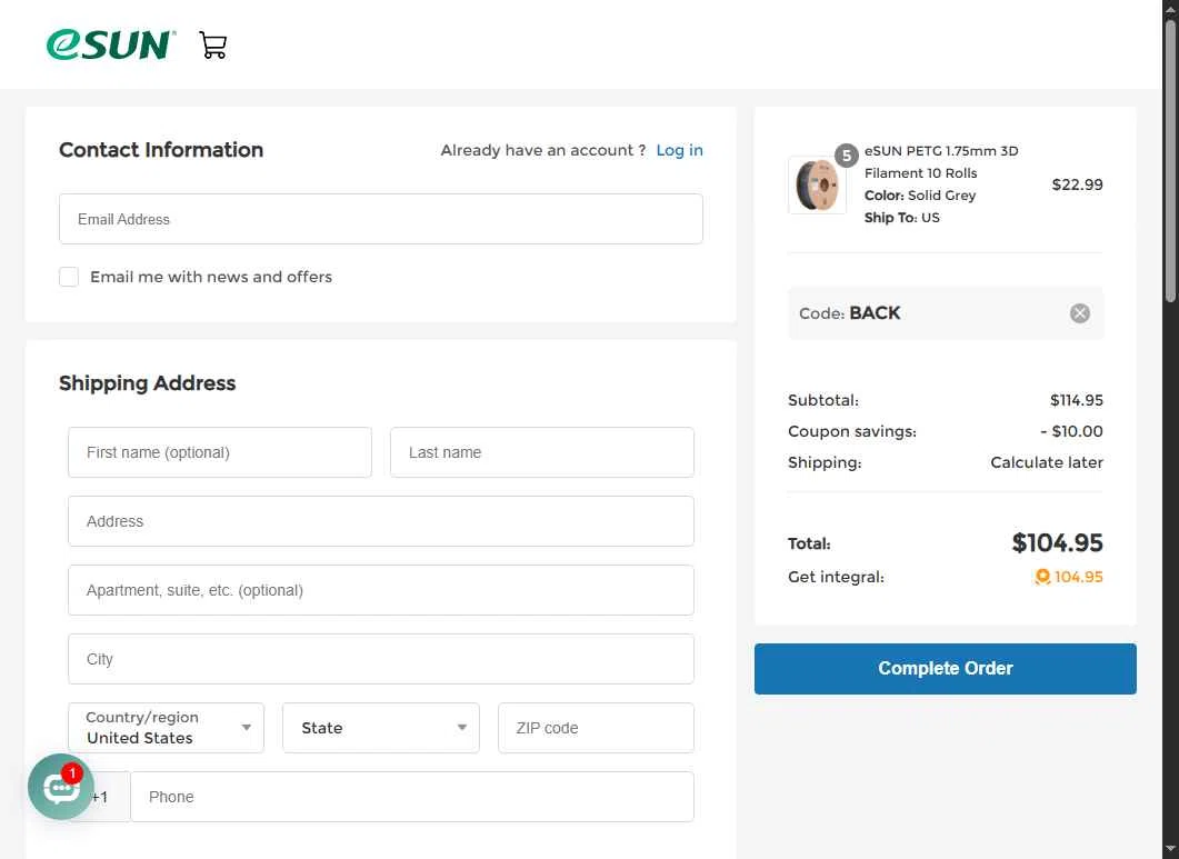 eSUN checkout page showing eSUN discount code box | Screenshot taken by SimplyCodes community member on Sep 14, 2025