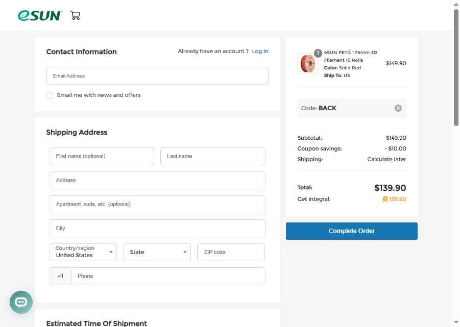eSUN checkout page showing eSUN discount code box | Screenshot taken by SimplyCodes community member on Nov 6, 2025