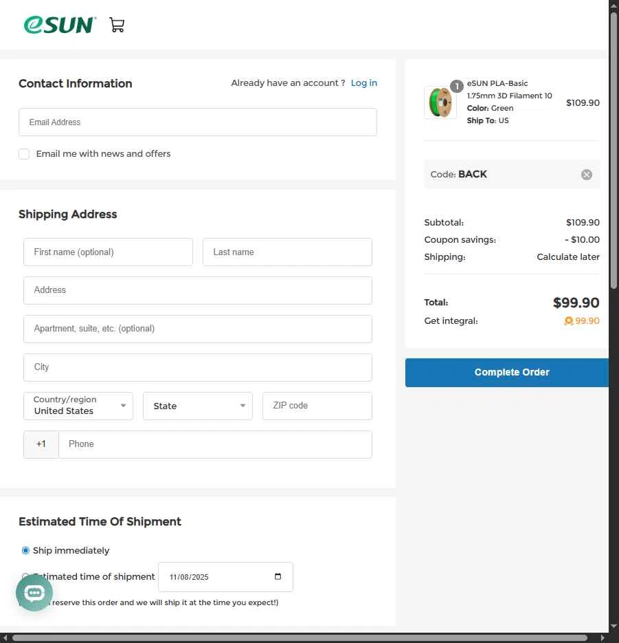 eSUN checkout page showing eSUN discount code box | Screenshot taken by SimplyCodes community member on Nov 6, 2025