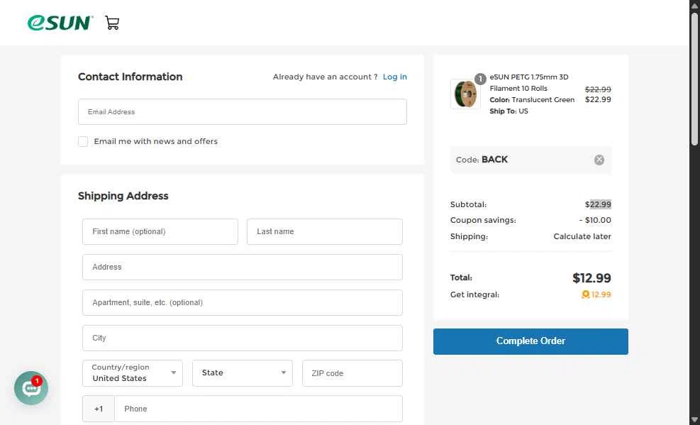eSUN checkout page showing eSUN discount code box | Screenshot taken by SimplyCodes community member on Oct 13, 2025