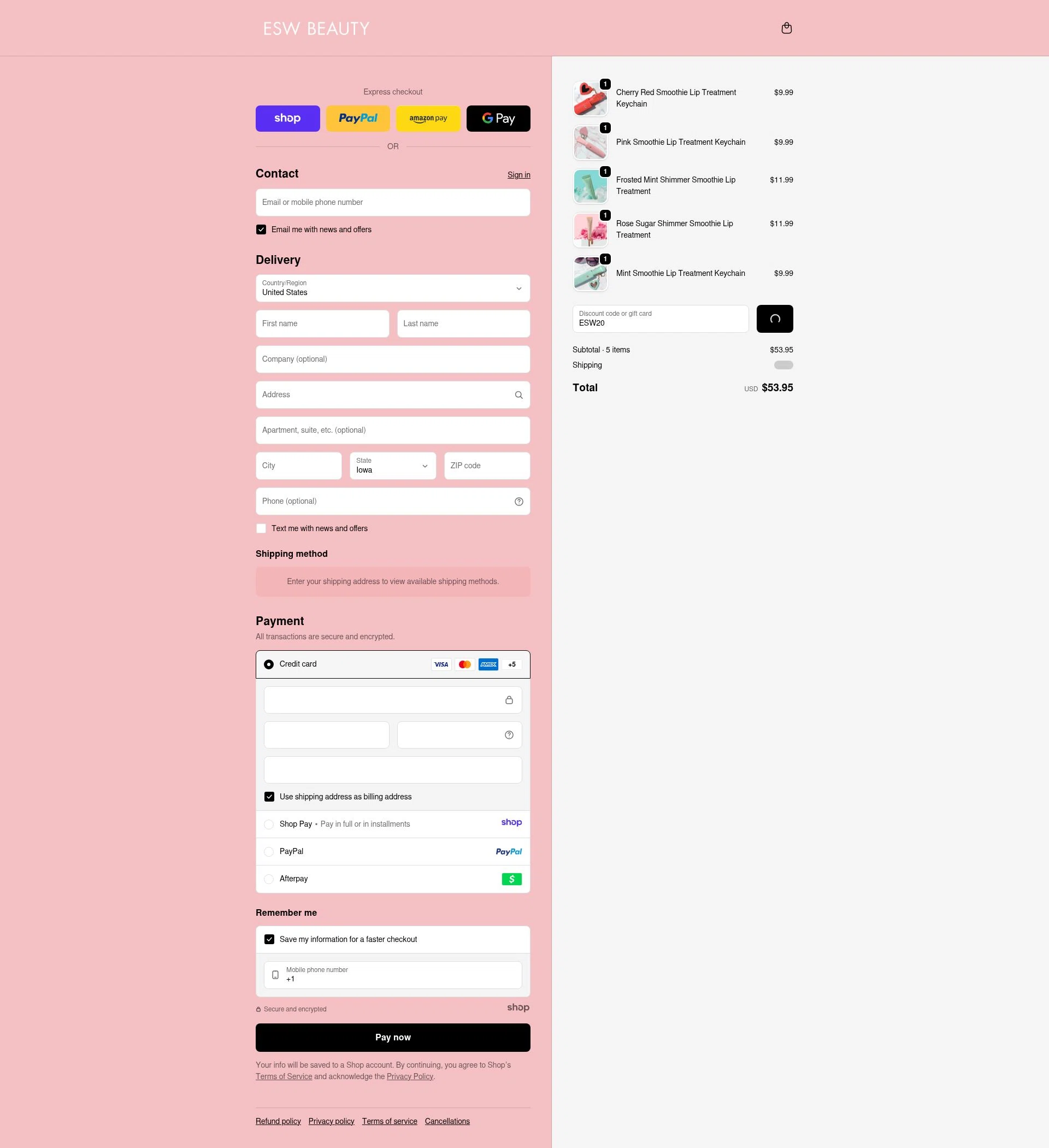 ESW Beauty checkout page showing ESW Beauty promo code box | Screenshot taken by SimplyCodes community member on Dec 30, 2025