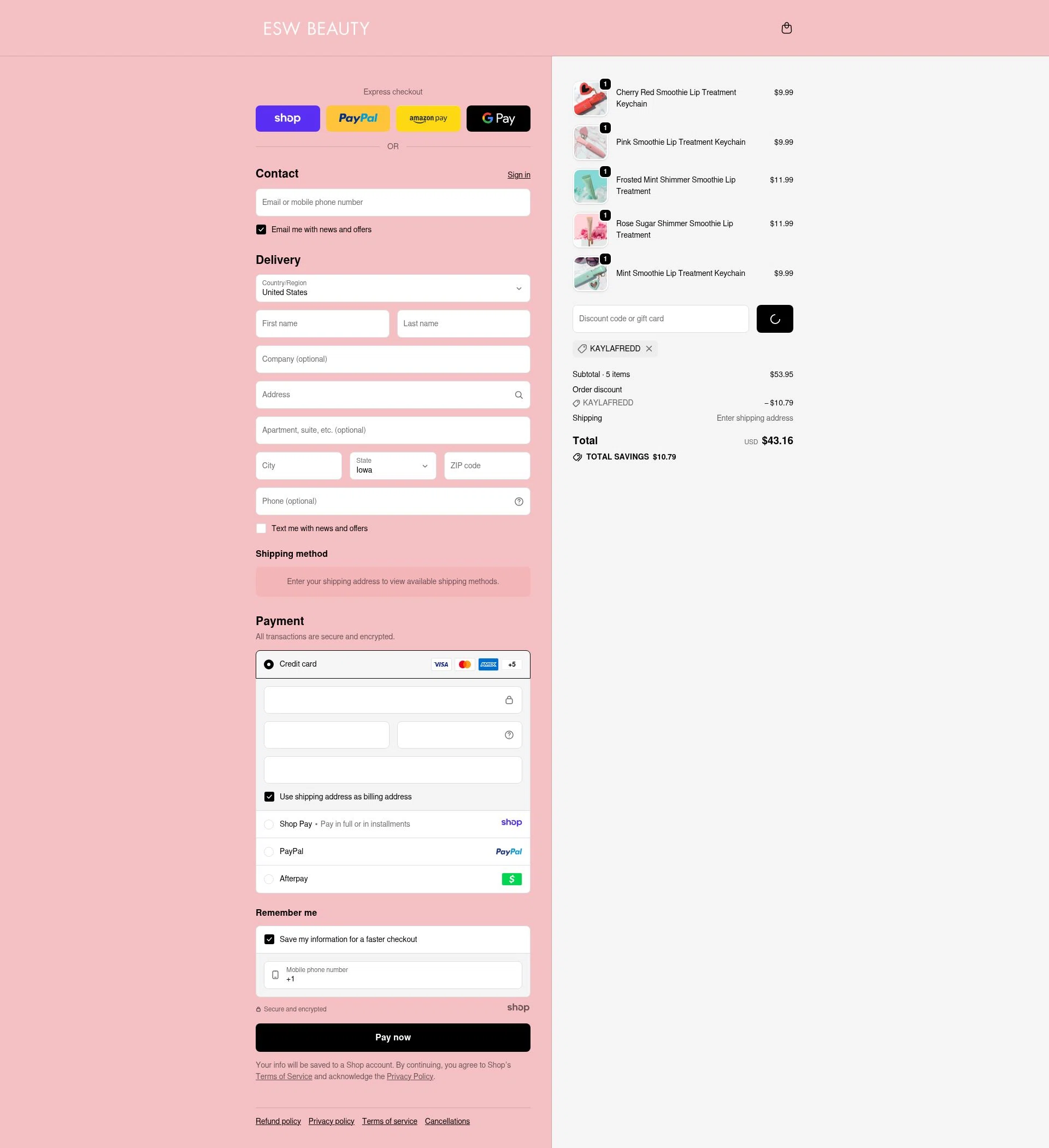 ESW Beauty checkout page showing ESW Beauty promo code box | Screenshot taken by SimplyCodes community member on Dec 30, 2025