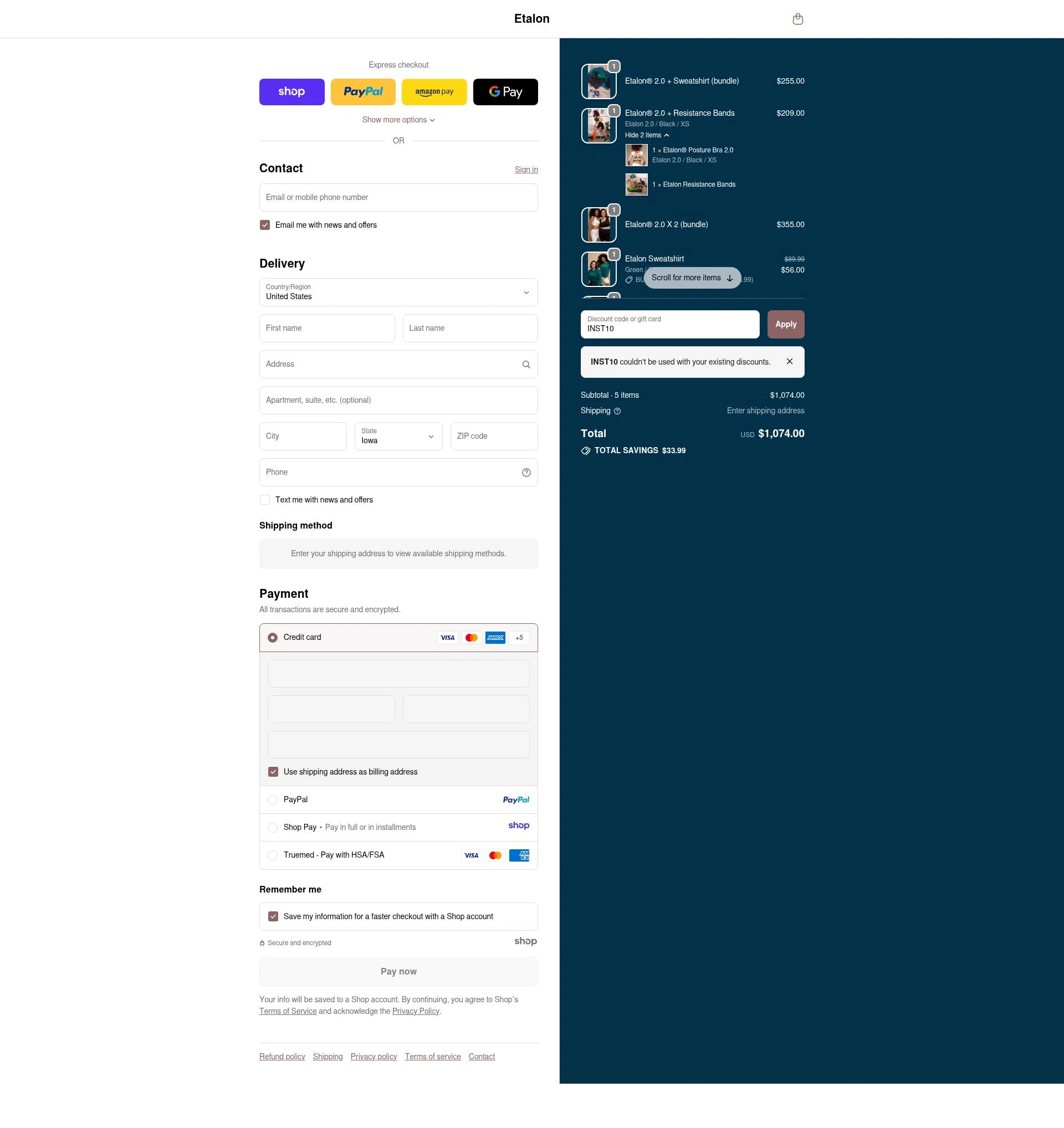 Etalon checkout page showing Etalon discount code box | Screenshot taken by SimplyCodes community member on Dec 5, 2025