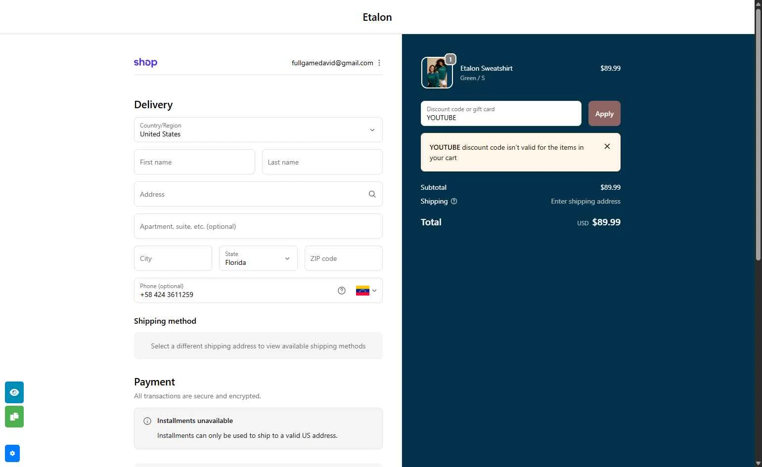 Etalon checkout page showing Etalon discount code box | Screenshot taken by SimplyCodes community member on Dec 4, 2025