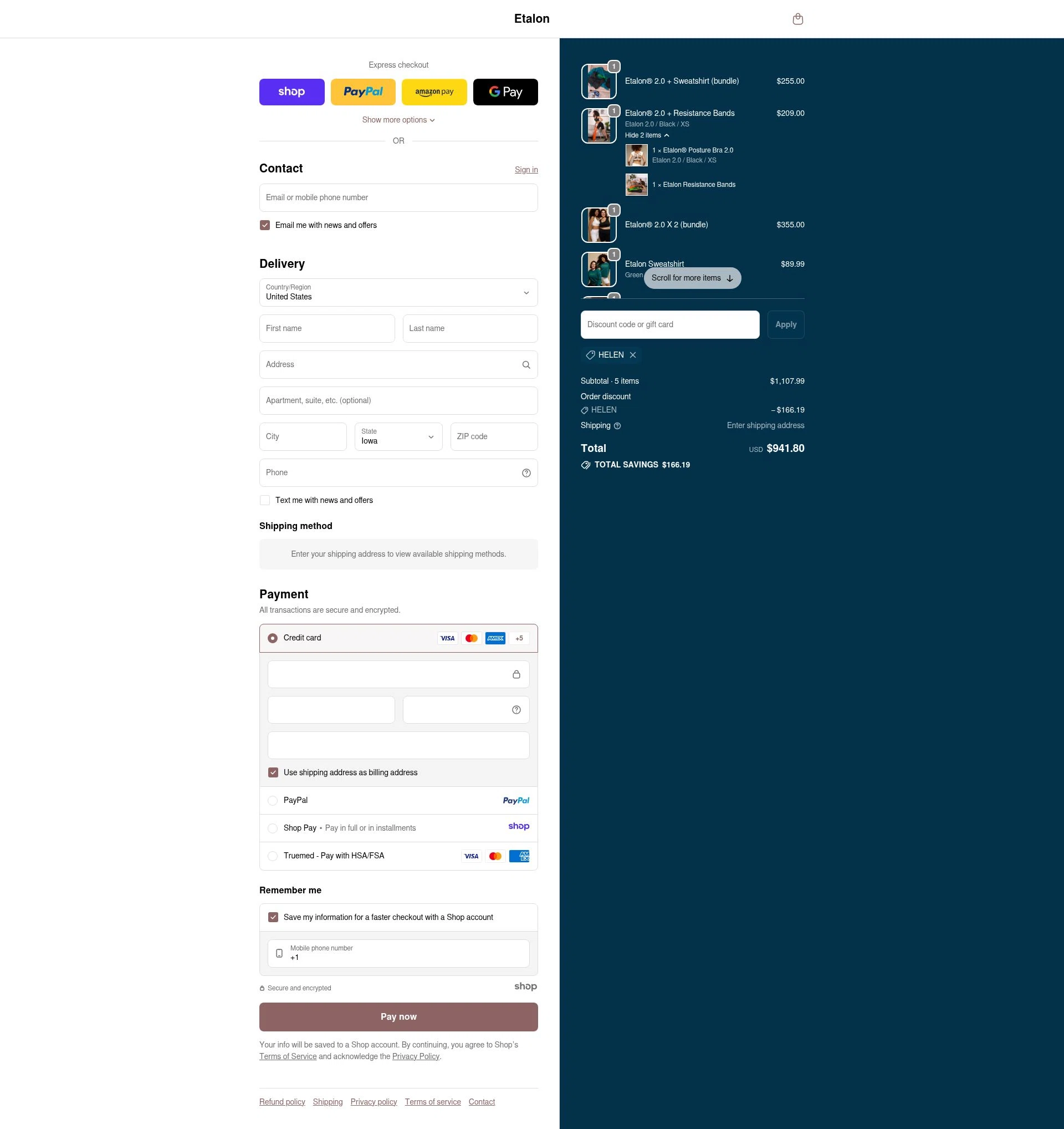 Etalon checkout page showing Etalon discount code box | Screenshot taken by SimplyCodes community member on Dec 5, 2025