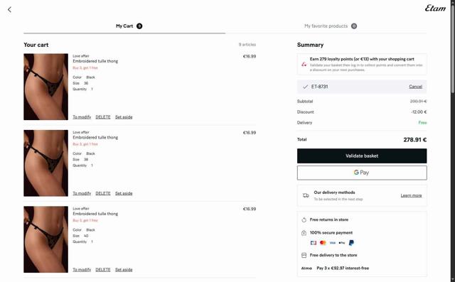 Etam checkout page showing Etam promo code box | Screenshot taken by SimplyCodes community member on Sep 9, 2025