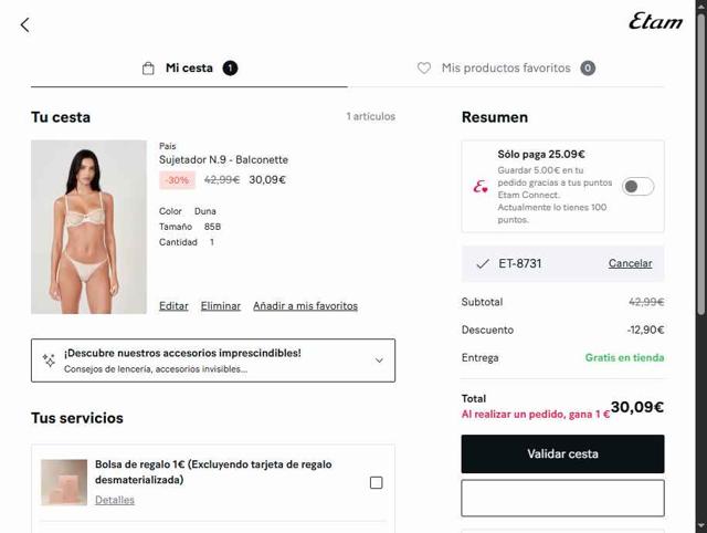 Etam checkout page showing Etam promo code box | Screenshot taken by SimplyCodes community member on Aug 11, 2025