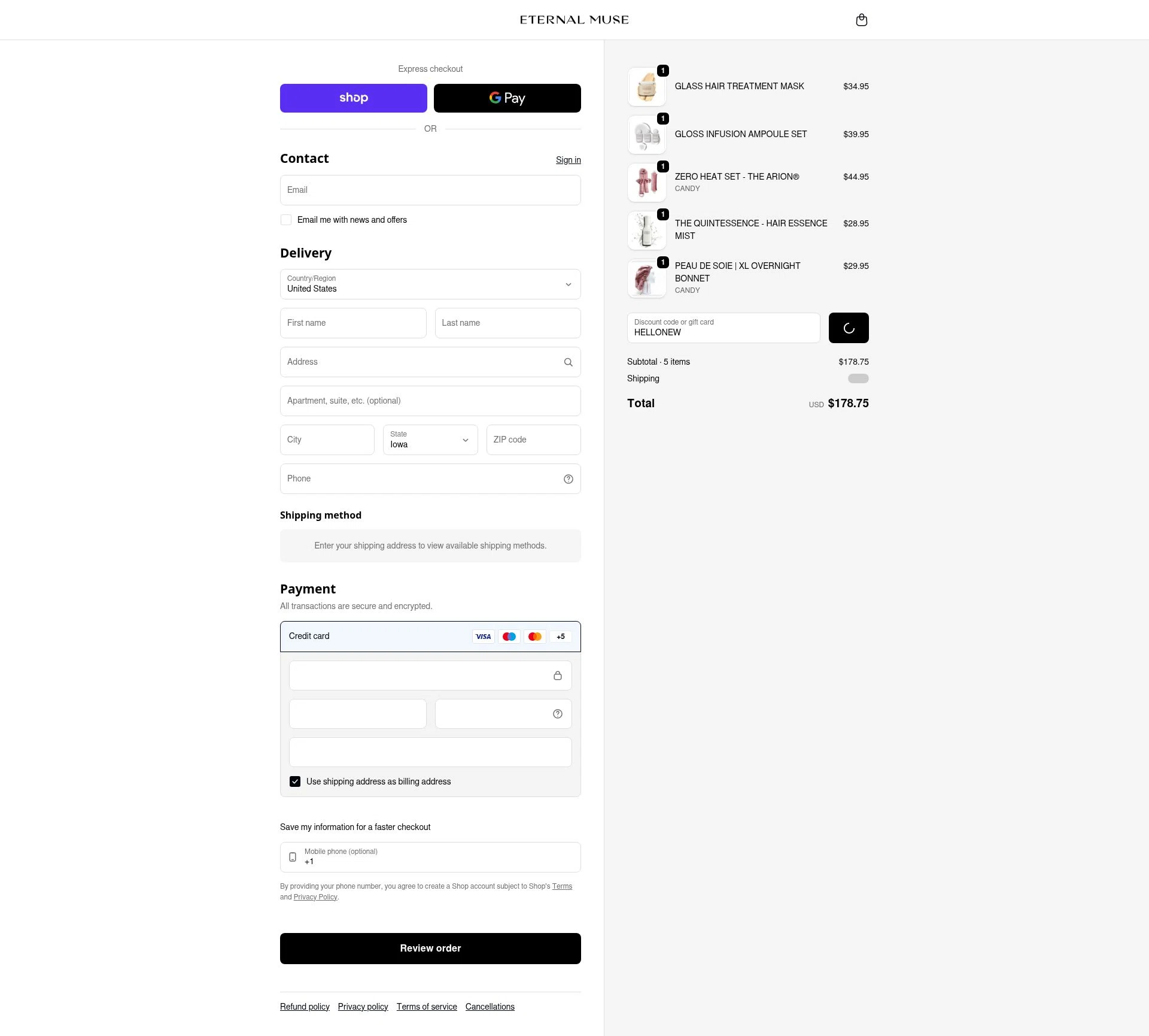 Eternal Muse checkout page showing Eternal Muse discount code box | Screenshot taken by SimplyCodes community member on Feb 21, 2026