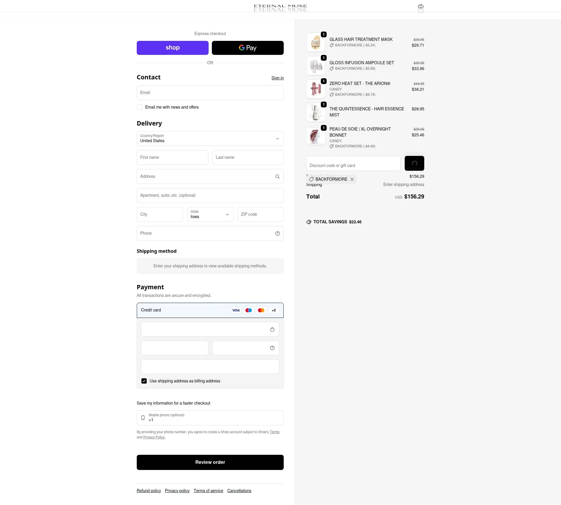 Eternal Muse checkout page showing Eternal Muse discount code box | Screenshot taken by SimplyCodes community member on Feb 21, 2026