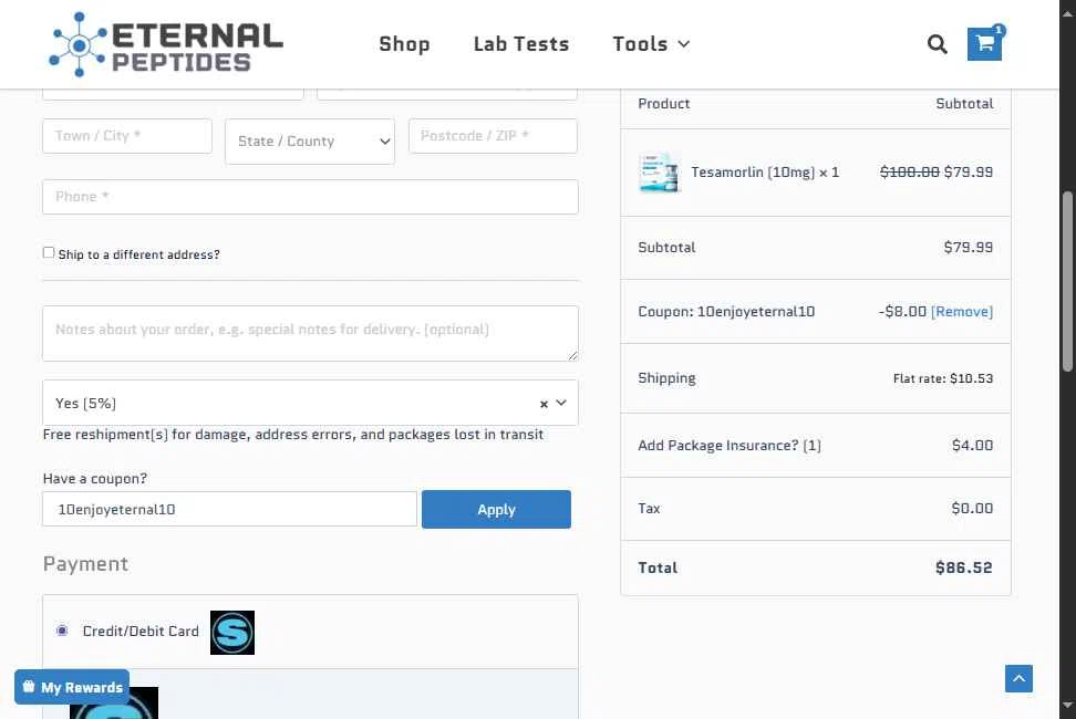 Eternal Peptides checkout page showing Eternal Peptides promo code box | Screenshot taken by SimplyCodes community member on Aug 13, 2025