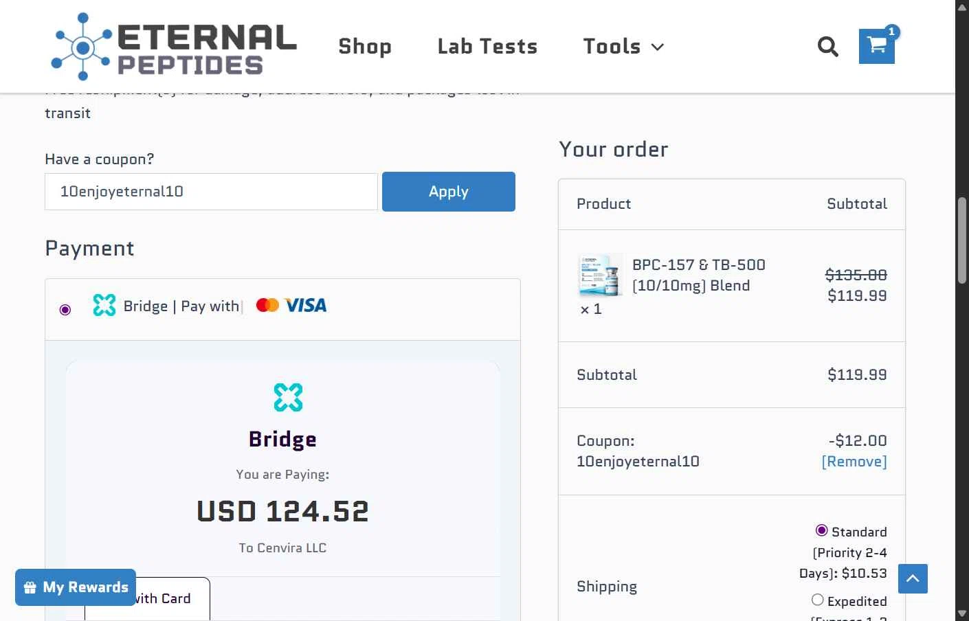 Eternal Peptides checkout page showing Eternal Peptides promo code box | Screenshot taken by SimplyCodes community member on Sep 11, 2025
