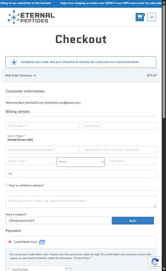 Eternal Peptides checkout page showing Eternal Peptides promo code box | Screenshot taken by SimplyCodes community member on Nov 8, 2025
