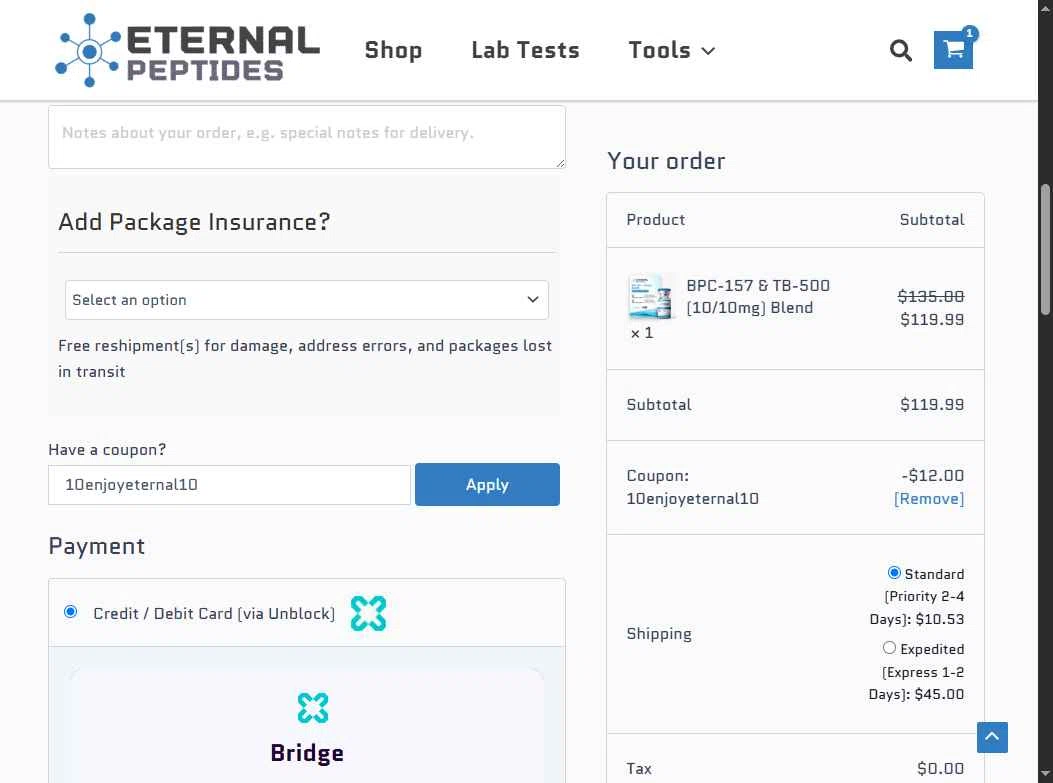 Eternal Peptides checkout page showing Eternal Peptides promo code box | Screenshot taken by SimplyCodes community member on Oct 10, 2025