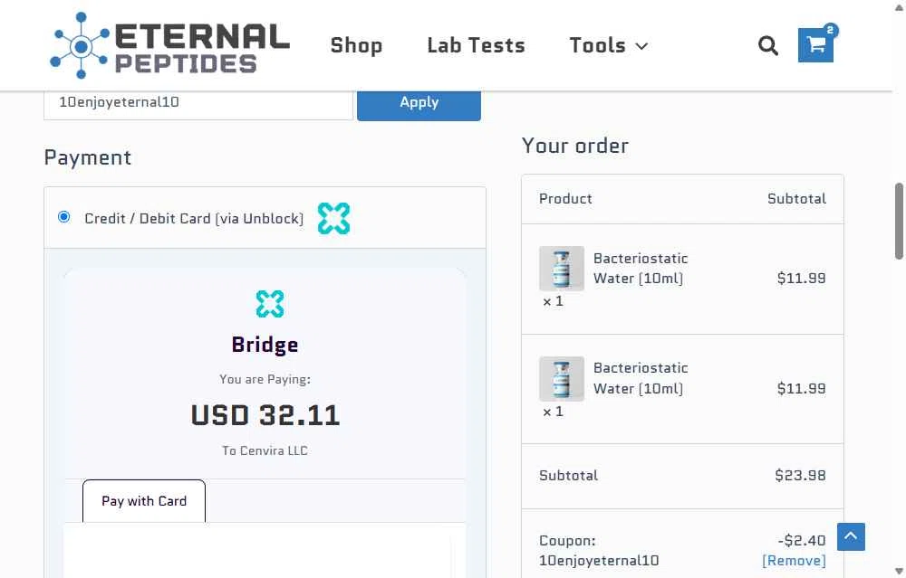 Eternal Peptides checkout page showing Eternal Peptides promo code box | Screenshot taken by SimplyCodes community member on Oct 10, 2025