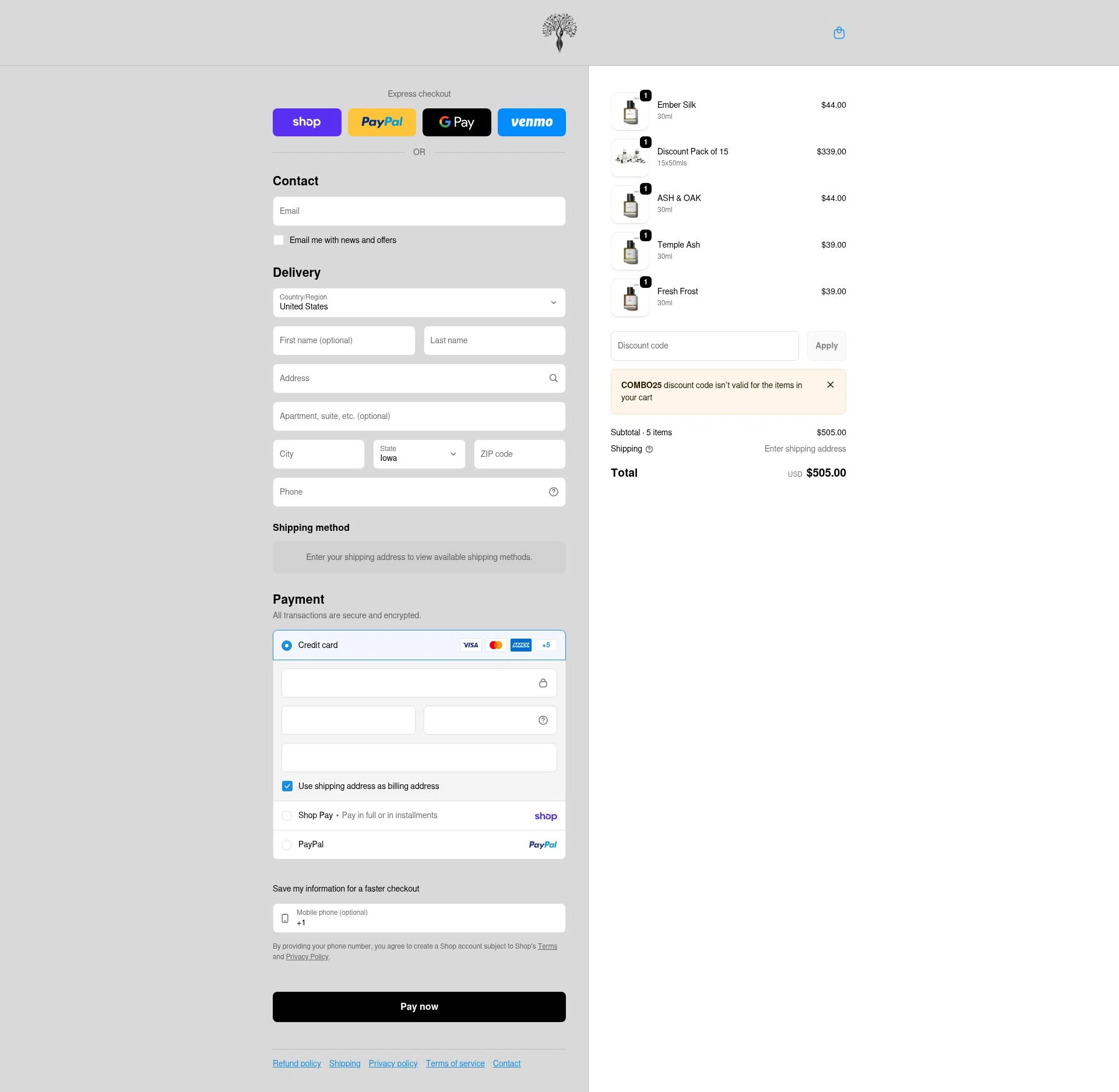 Eternal Perfume Oils checkout page showing Eternal Perfume Oils discount code box | Screenshot taken by SimplyCodes community member on Feb 11, 2026