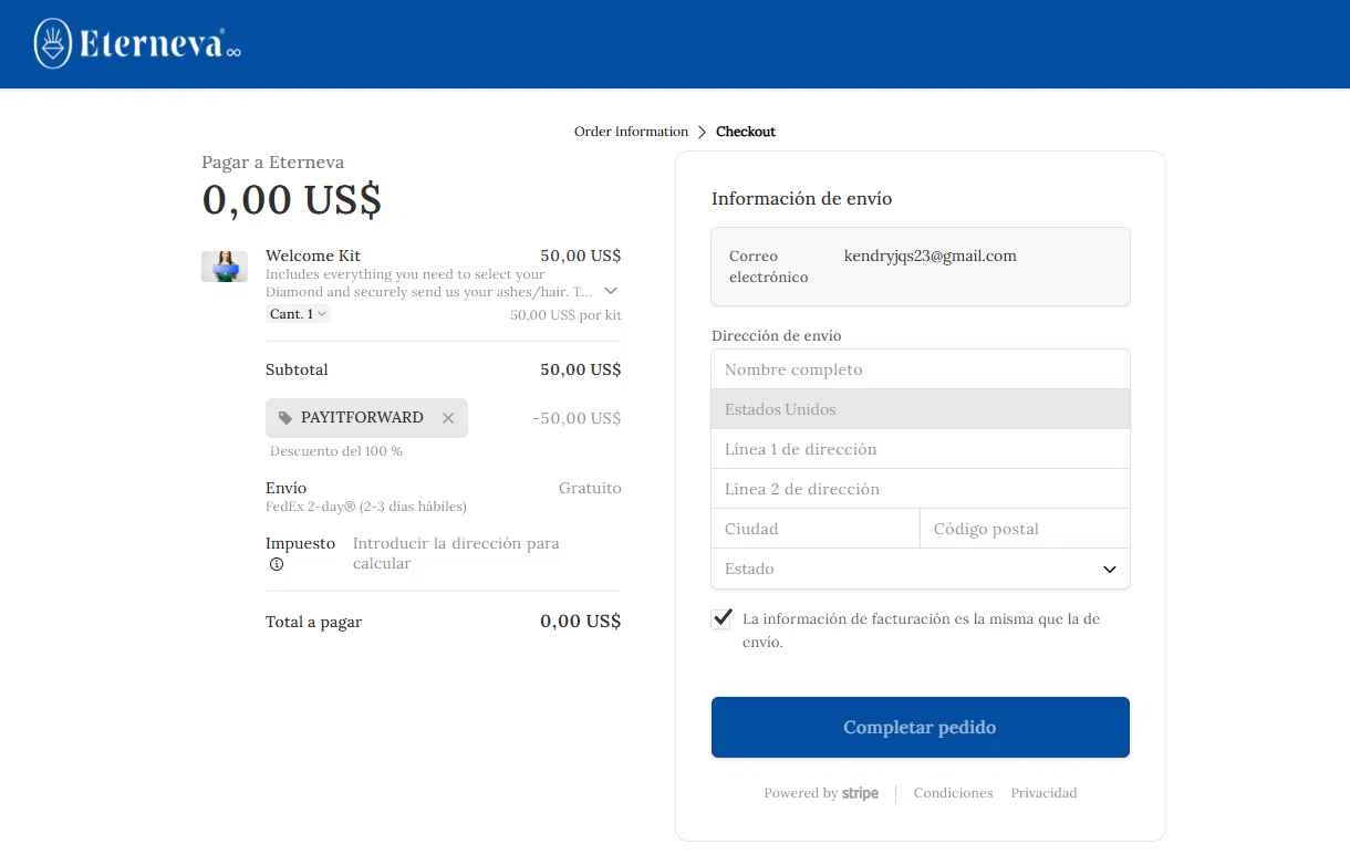 Eterneva checkout page showing Eterneva discount code box | Screenshot taken by SimplyCodes community member on Oct 7, 2025