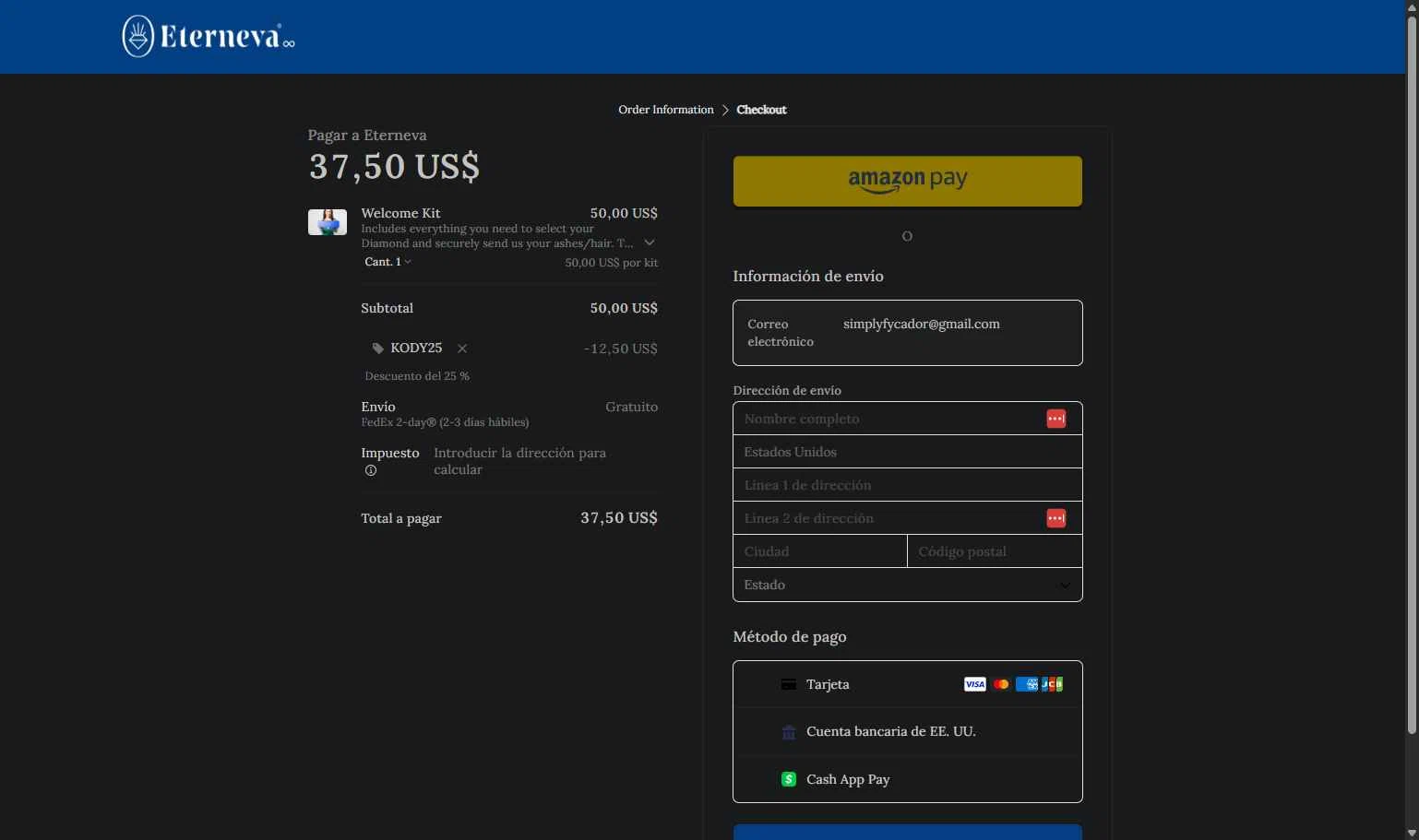 Eterneva checkout page showing Eterneva discount code box | Screenshot taken by SimplyCodes community member on Nov 2, 2025