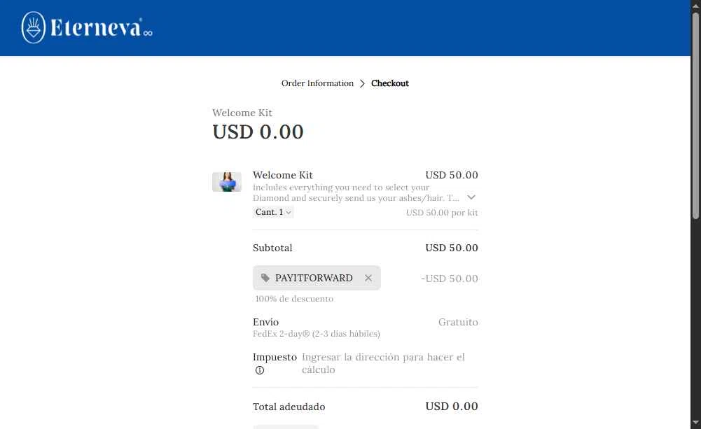 Eterneva checkout page showing Eterneva discount code box | Screenshot taken by SimplyCodes community member on Aug 5, 2025