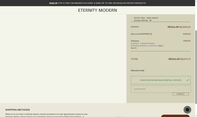 Eternity Modern checkout page showing Eternity Modern promo code box | Screenshot taken by SimplyCodes community member on Sep 4, 2025