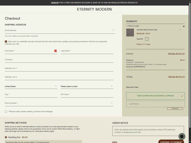 Eternity Modern checkout page showing Eternity Modern promo code box | Screenshot taken by SimplyCodes community member on Aug 24, 2025