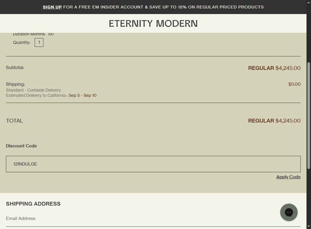 Eternity Modern checkout page showing Eternity Modern promo code box | Screenshot taken by SimplyCodes community member on Sep 4, 2025