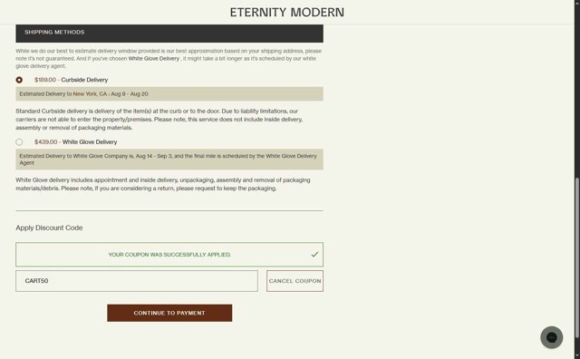 Eternity Modern checkout page showing Eternity Modern promo code box | Screenshot taken by SimplyCodes community member on Aug 4, 2025
