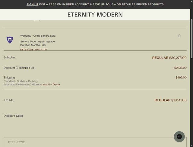 Eternity Modern checkout page showing Eternity Modern promo code box | Screenshot taken by SimplyCodes community member on Sep 4, 2025