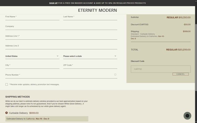 Eternity Modern checkout page showing Eternity Modern promo code box | Screenshot taken by SimplyCodes community member on Sep 4, 2025