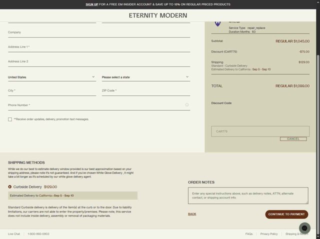 Eternity Modern checkout page showing Eternity Modern promo code box | Screenshot taken by SimplyCodes community member on Sep 4, 2025