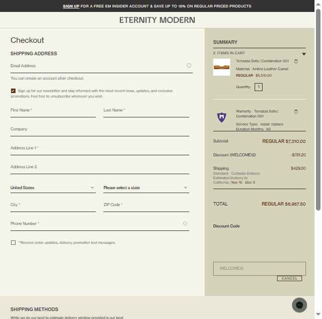 Eternity Modern checkout page showing Eternity Modern promo code box | Screenshot taken by SimplyCodes community member on Sep 4, 2025