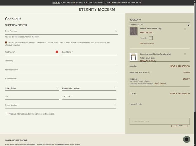 Eternity Modern checkout page showing Eternity Modern promo code box | Screenshot taken by SimplyCodes community member on Sep 4, 2025