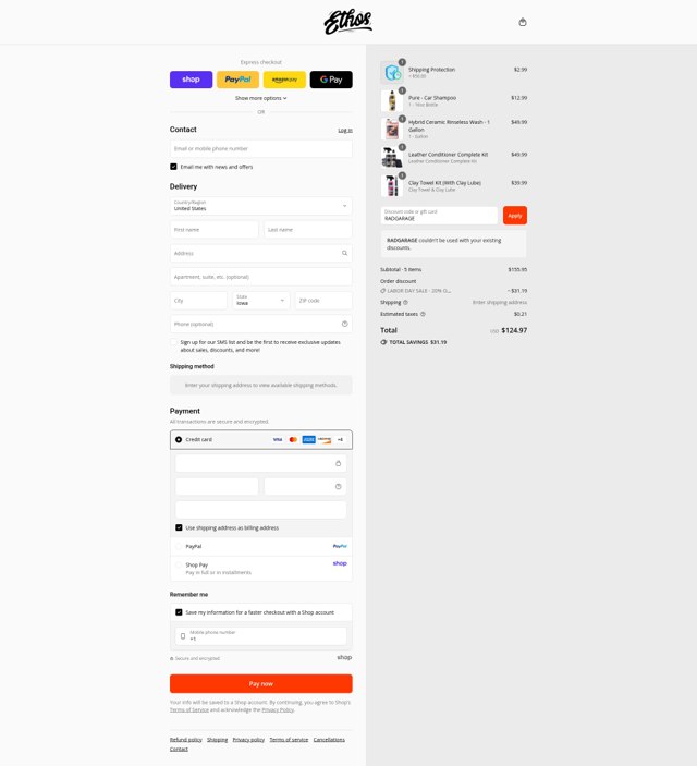 Ethos Car Care checkout page showing Ethos Car Care discount code box | Screenshot taken by SimplyCodes community member on Sep 1, 2025
