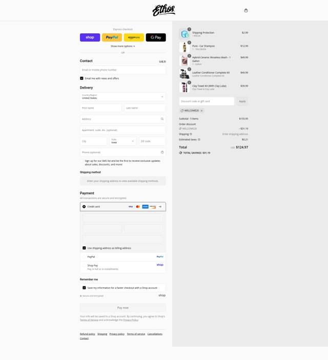 Ethos Car Care checkout page showing Ethos Car Care discount code box | Screenshot taken by SimplyCodes community member on Sep 1, 2025