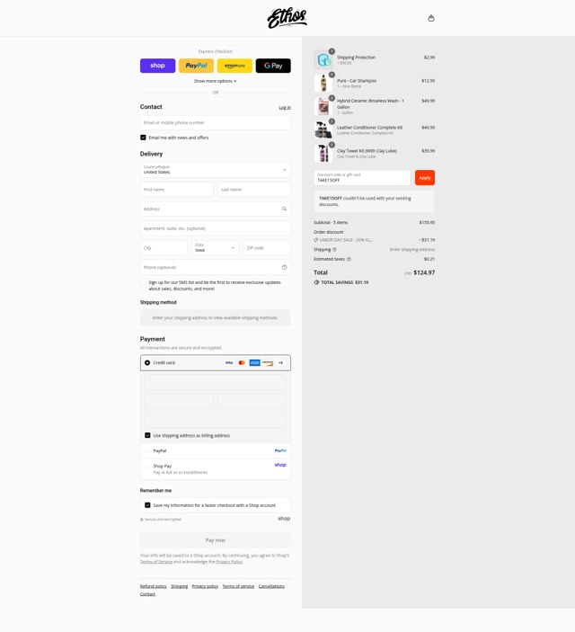 Ethos Car Care checkout page showing Ethos Car Care discount code box | Screenshot taken by SimplyCodes community member on Sep 1, 2025