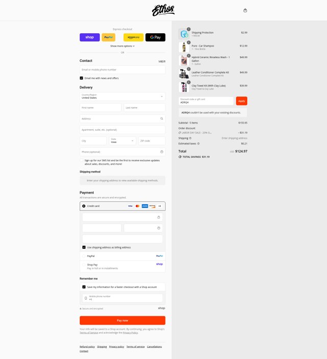 Ethos Car Care checkout page showing Ethos Car Care discount code box | Screenshot taken by SimplyCodes community member on Sep 1, 2025