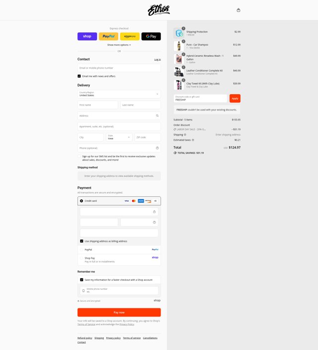 Ethos Car Care checkout page showing Ethos Car Care discount code box | Screenshot taken by SimplyCodes community member on Sep 1, 2025