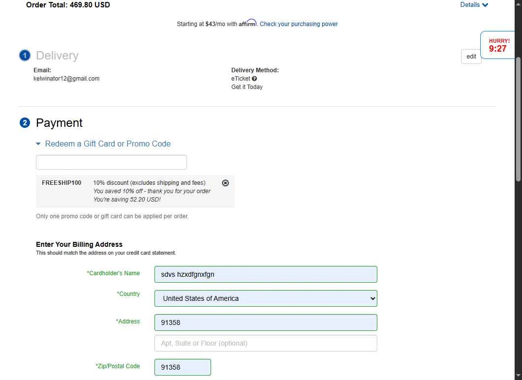 Etickets checkout page showing Etickets promo code box | Screenshot taken by SimplyCodes community member on Nov 10, 2025
