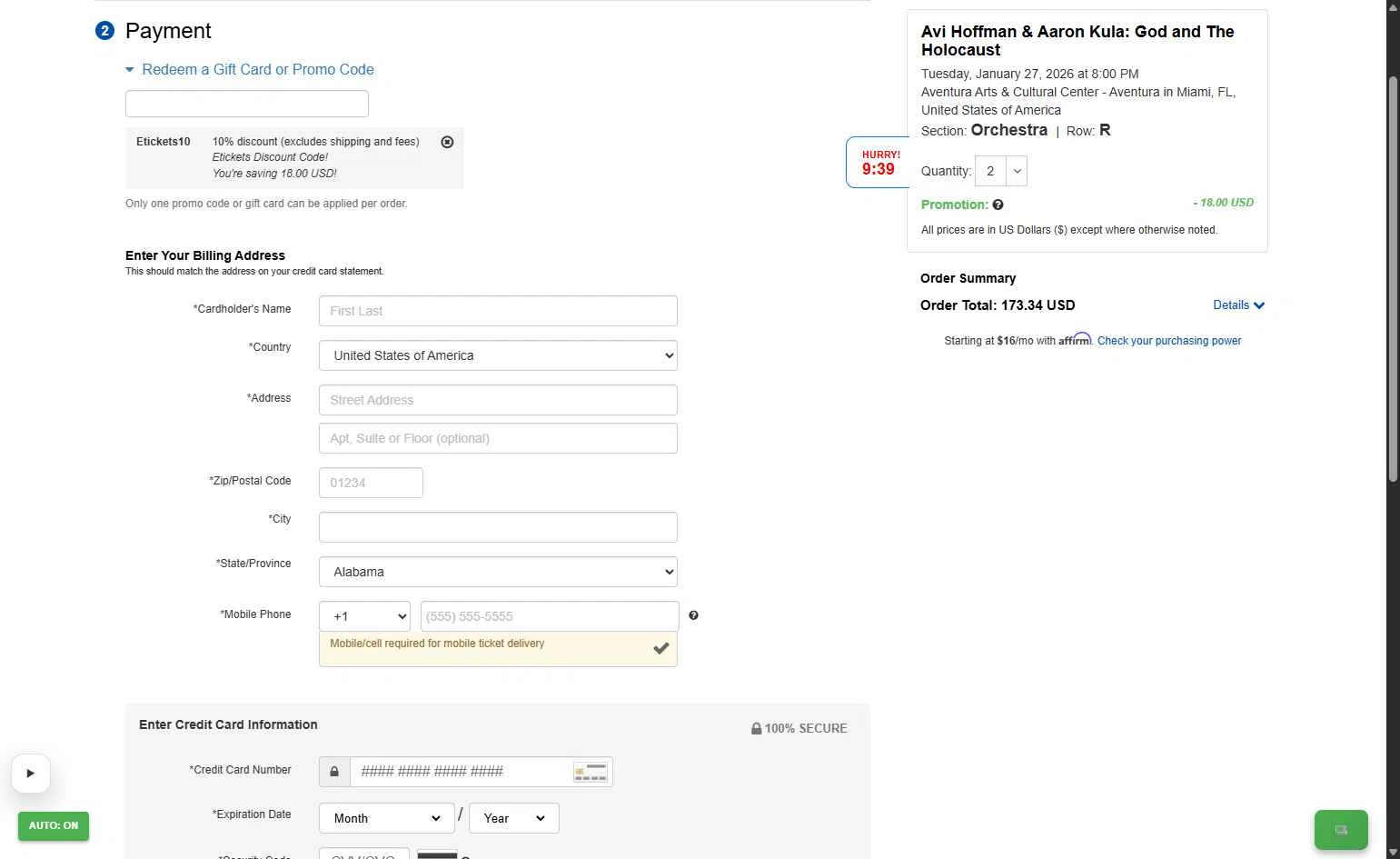 Etickets checkout page showing Etickets promo code box | Screenshot taken by SimplyCodes community member on Jan 27, 2026