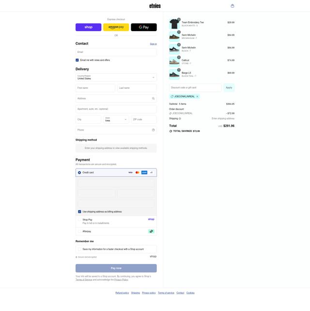 Etnies checkout page showing Etnies coupon code box | Screenshot taken by SimplyCodes community member on Sep 14, 2025