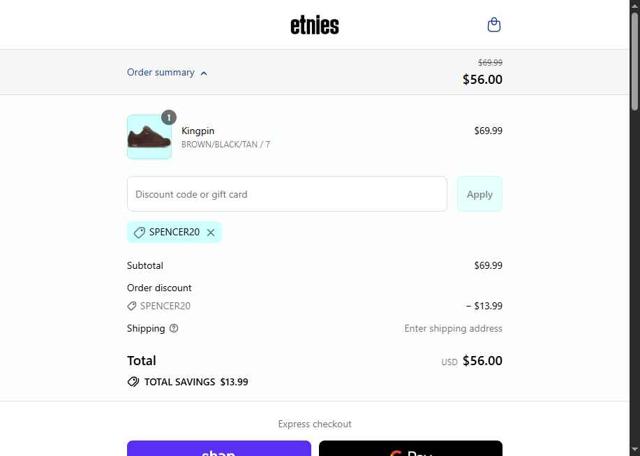 Etnies checkout page showing Etnies coupon code box | Screenshot taken by SimplyCodes community member on Sep 10, 2025