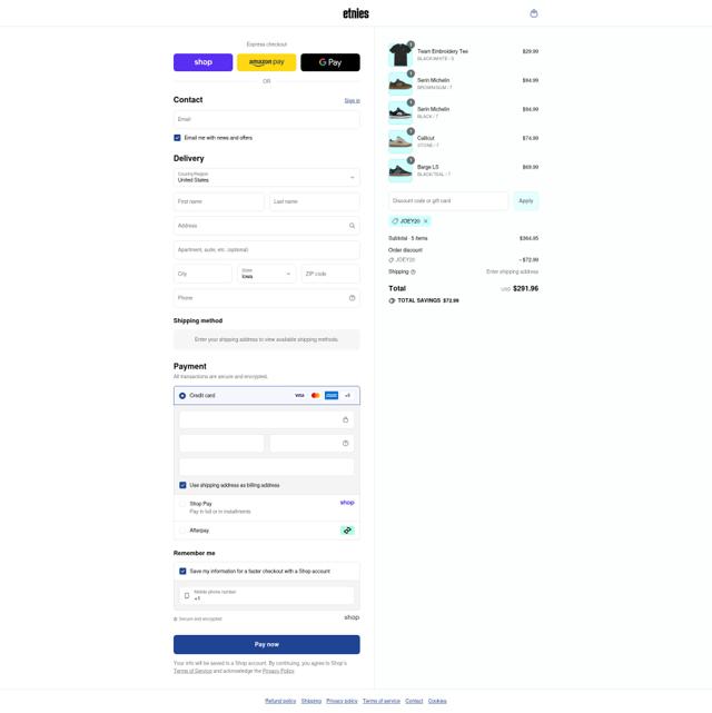Etnies checkout page showing Etnies coupon code box | Screenshot taken by SimplyCodes community member on Sep 14, 2025