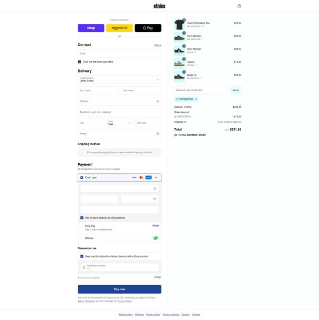 Etnies checkout page showing Etnies coupon code box | Screenshot taken by SimplyCodes community member on Sep 14, 2025