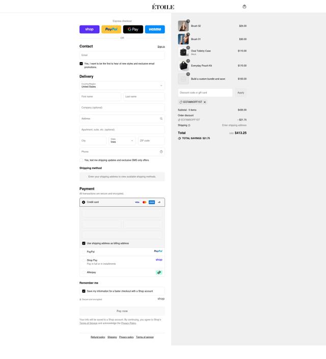 Etoile checkout page showing Etoile discount code box | Screenshot taken by SimplyCodes community member on Sep 10, 2025