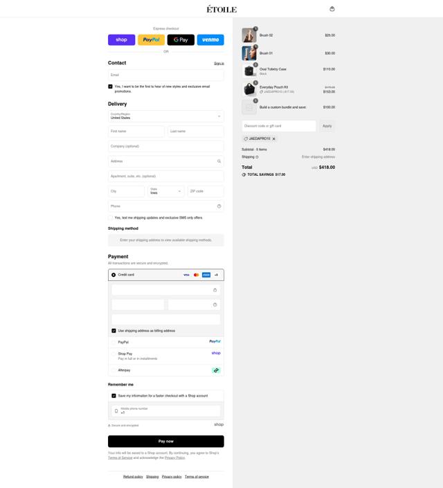 Etoile checkout page showing Etoile discount code box | Screenshot taken by SimplyCodes community member on Sep 10, 2025