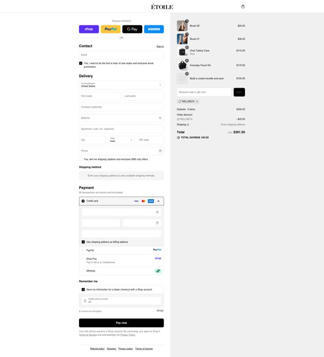 Etoile checkout page showing Etoile discount code box | Screenshot taken by SimplyCodes community member on Sep 10, 2025
