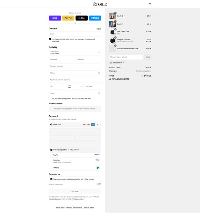 Etoile checkout page showing Etoile discount code box | Screenshot taken by SimplyCodes community member on Sep 15, 2025