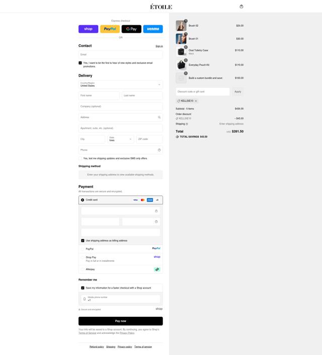 Etoile checkout page showing Etoile discount code box | Screenshot taken by SimplyCodes community member on Sep 15, 2025