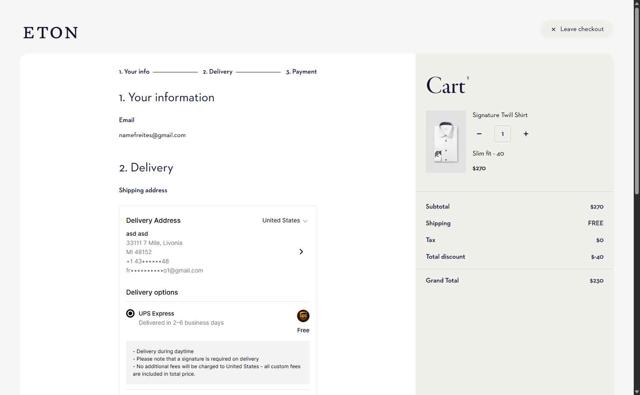 Eton Shirts checkout page showing Eton Shirts promo code box | Screenshot taken by SimplyCodes community member on Sep 15, 2025